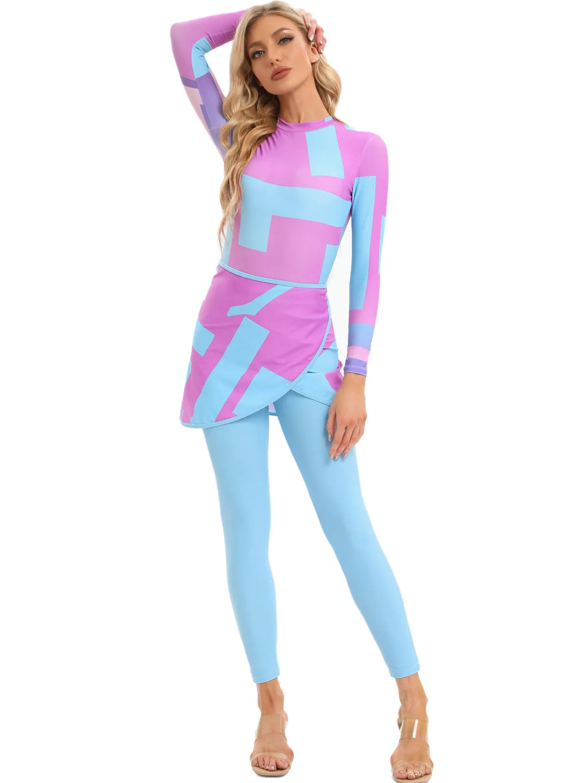 Conservative blue swimsuit three-piece set with matching apron laid flat.