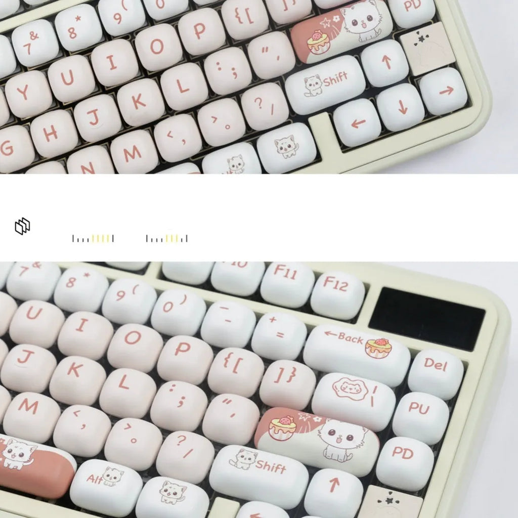 Close-up of a rounded mechanical keyboard key cap with a colourful cartoon dessert cat character print.