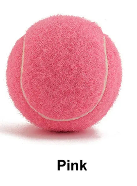 Assorted bright pink, blue, green, yellow, orange, and red rubber dog tennis balls, 6.3cm in diameter.