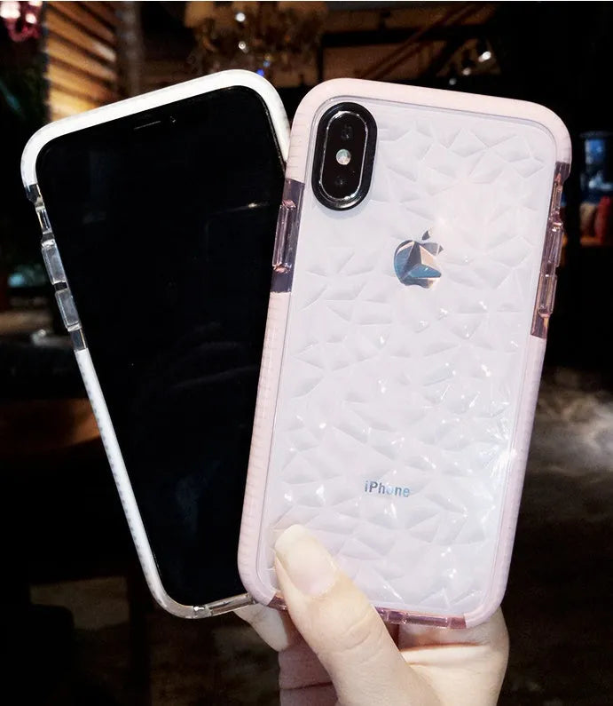 TPU iPhone case with stripe design in pink, white, or black border colours