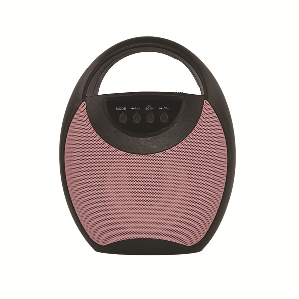Portable Bluetooth speaker in black, blue, or pink with USB port and playback controls