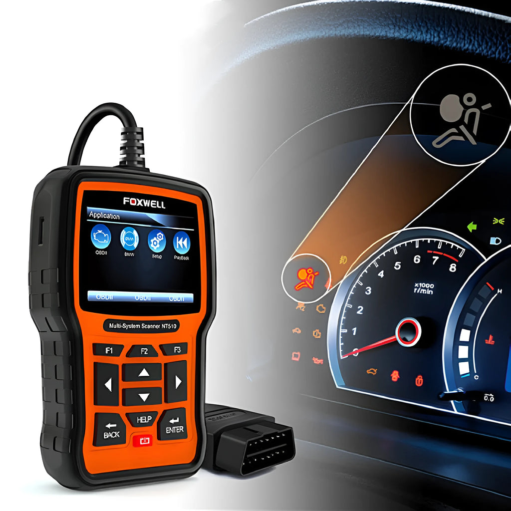 Foxwell NT510 orange and black automotive diagnostic scanner with screen and data cable.