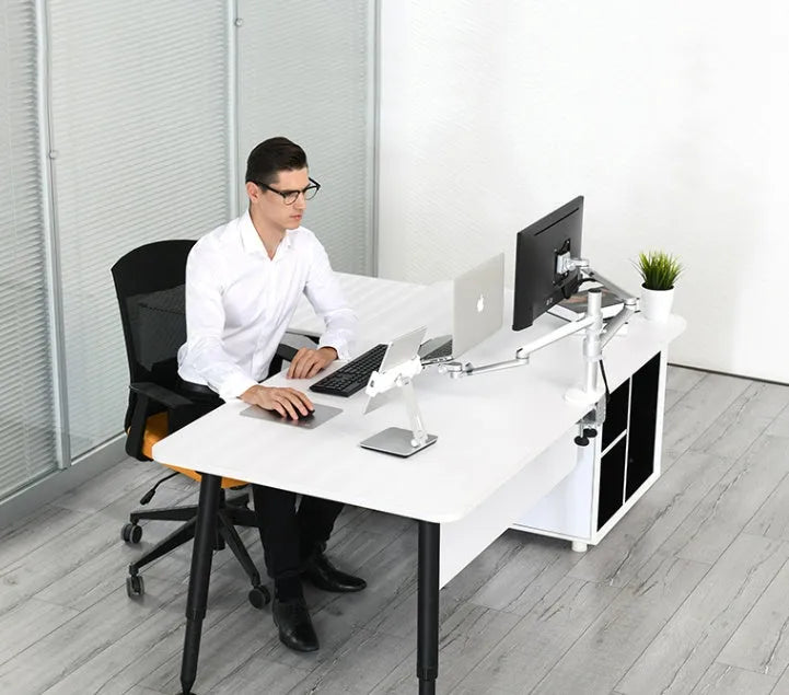 Foldable aluminium desktop phone and tablet holder showing 360° rotation capability