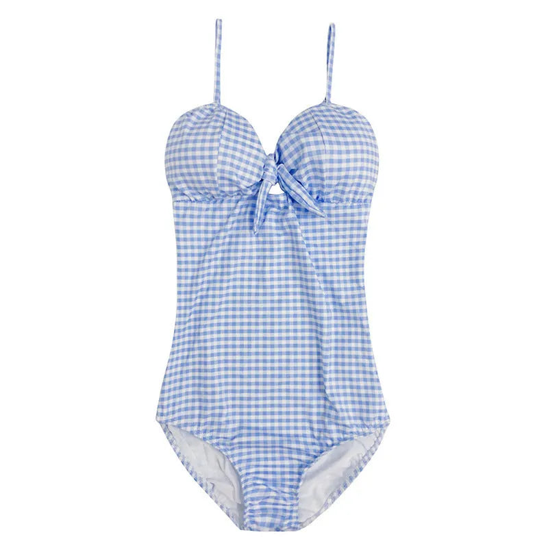 Women's blue and white plaid one-piece swimsuit made from nylon fabric