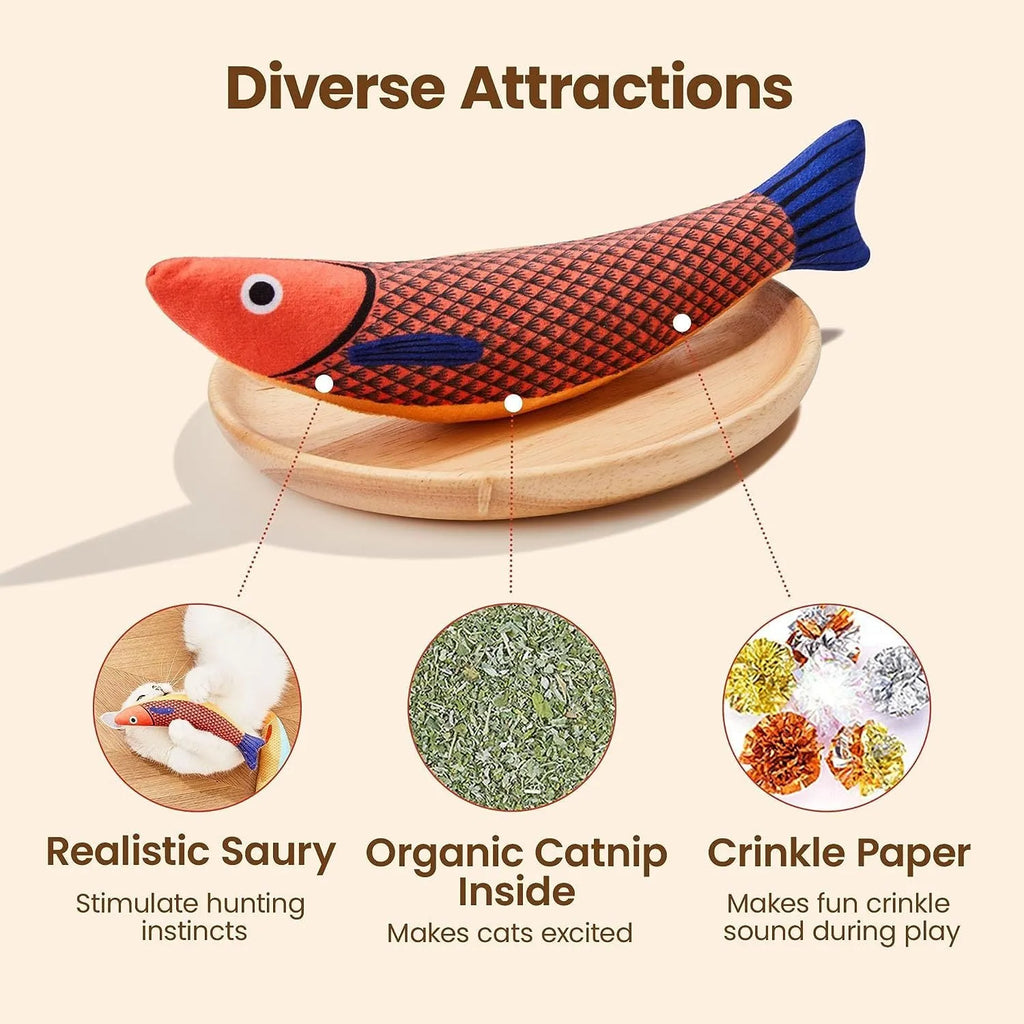 Green, orange, and yellow soft plush saury fish cat toys with catnip filling for interactive play