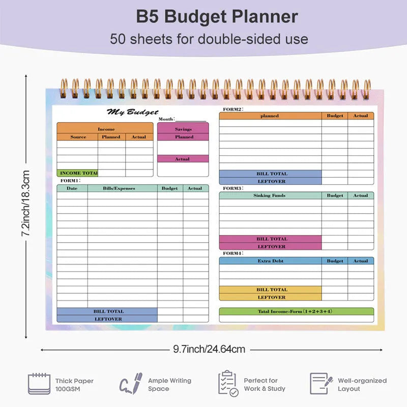 B5 size budget tally book with blue PP cover and silver spiral binding, open on a page ruled for income and expenditure.