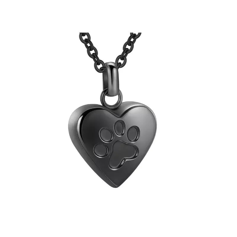 Openable heart-shaped paw print casket necklace in titanium steel on a chain.