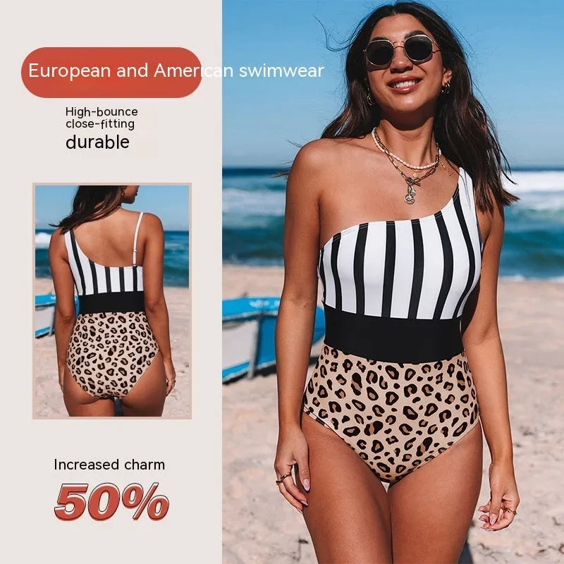 Women's leopard print one-piece swimsuit with asymmetric collar and high waist triangle style