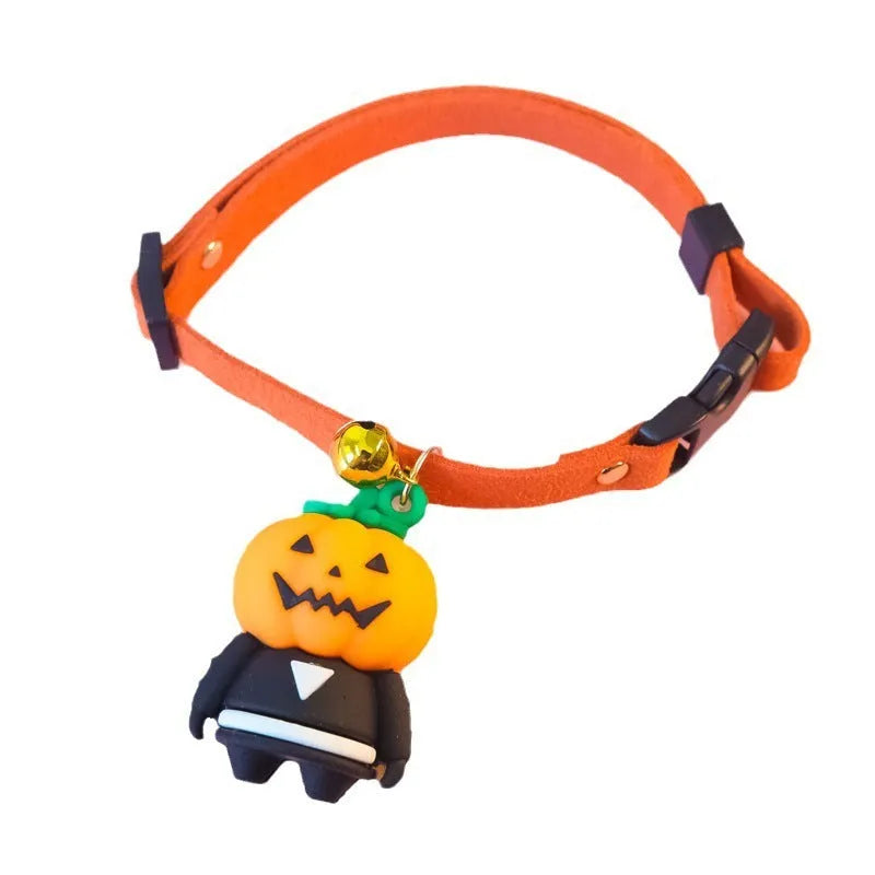 Halloween dog collar decoration showing luminous brat, luminous skull, and pumpkin man patterns with adjustable sizing