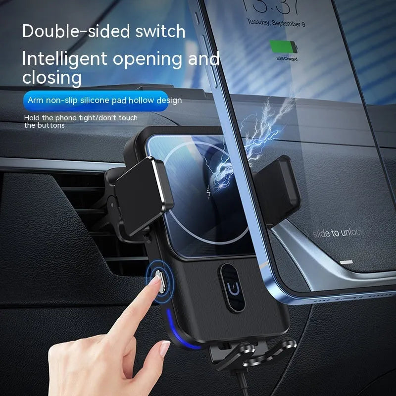 Black car wireless phone charger holder showing both clip and suction cup mounting options.