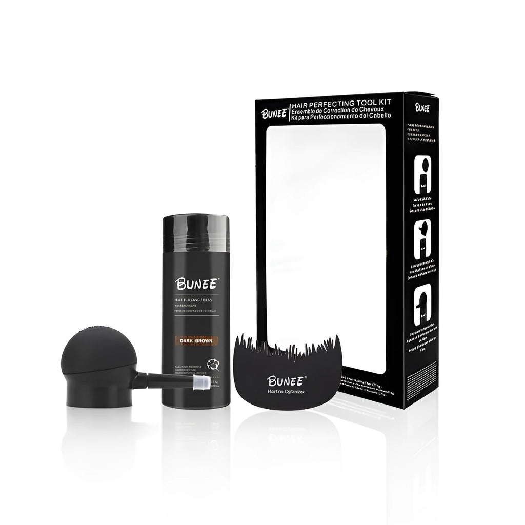 Boxed three-piece hair fibre powder set for thinning hair in multiple natural shades