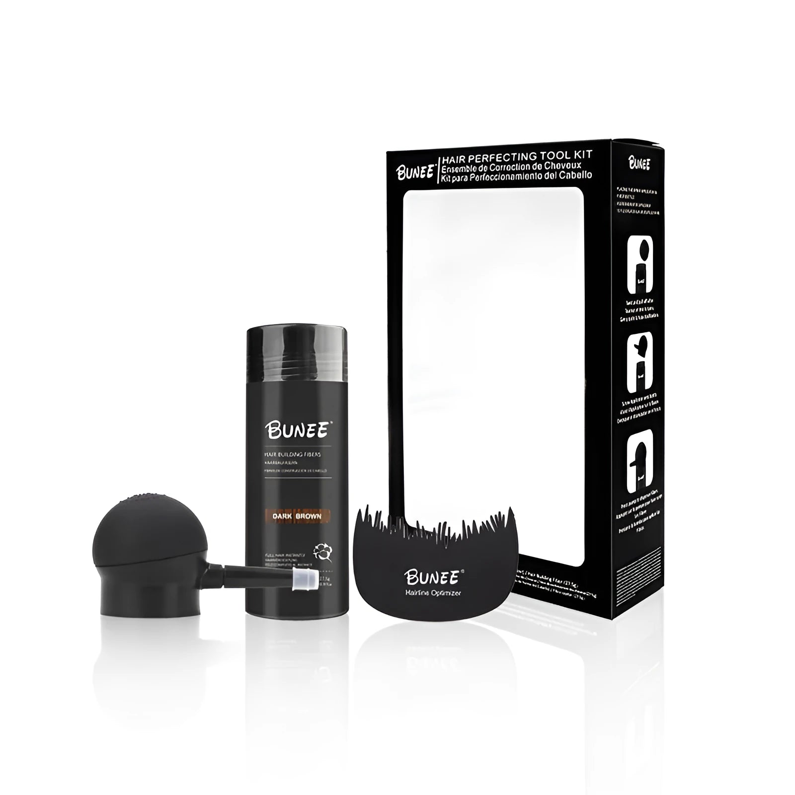 Boxed three-piece hair fibre powder set for thinning hair in multiple natural shades