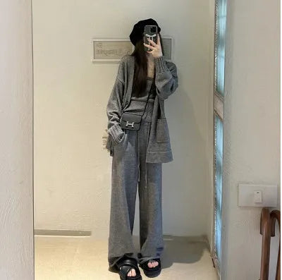 Women's knit cardigan vest trousers three-piece set in neutral colour wool blend fabric