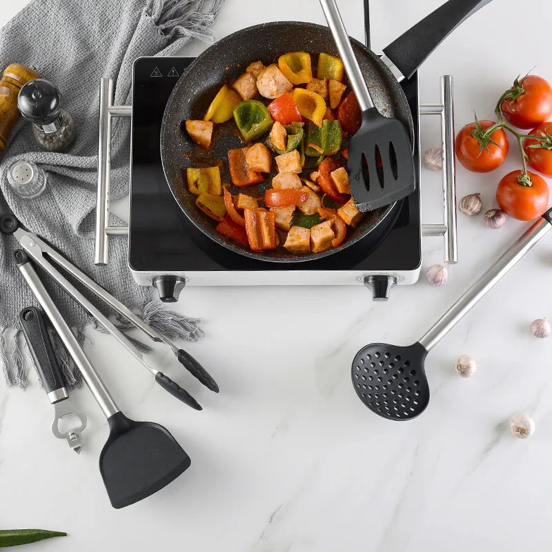 Black silicone spatula and spoon kitchen set with stainless steel handles, 16 pieces