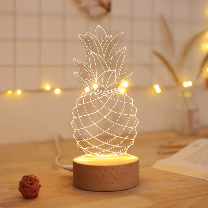 Cartoon pineapple-shaped bedside table lamp made from wood and acrylic with a USB cable.
