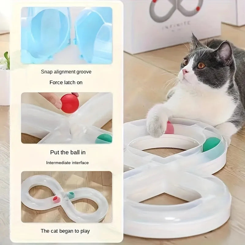 Blue and white cat turntable track ball toy with rotating ball stick for self-play.
