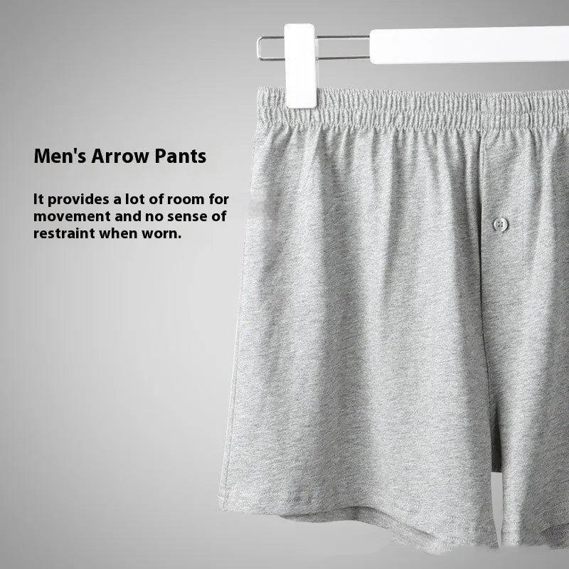 Men's cotton boxer shorts in light grey, dark blue and black colours showing high waist loose fit design