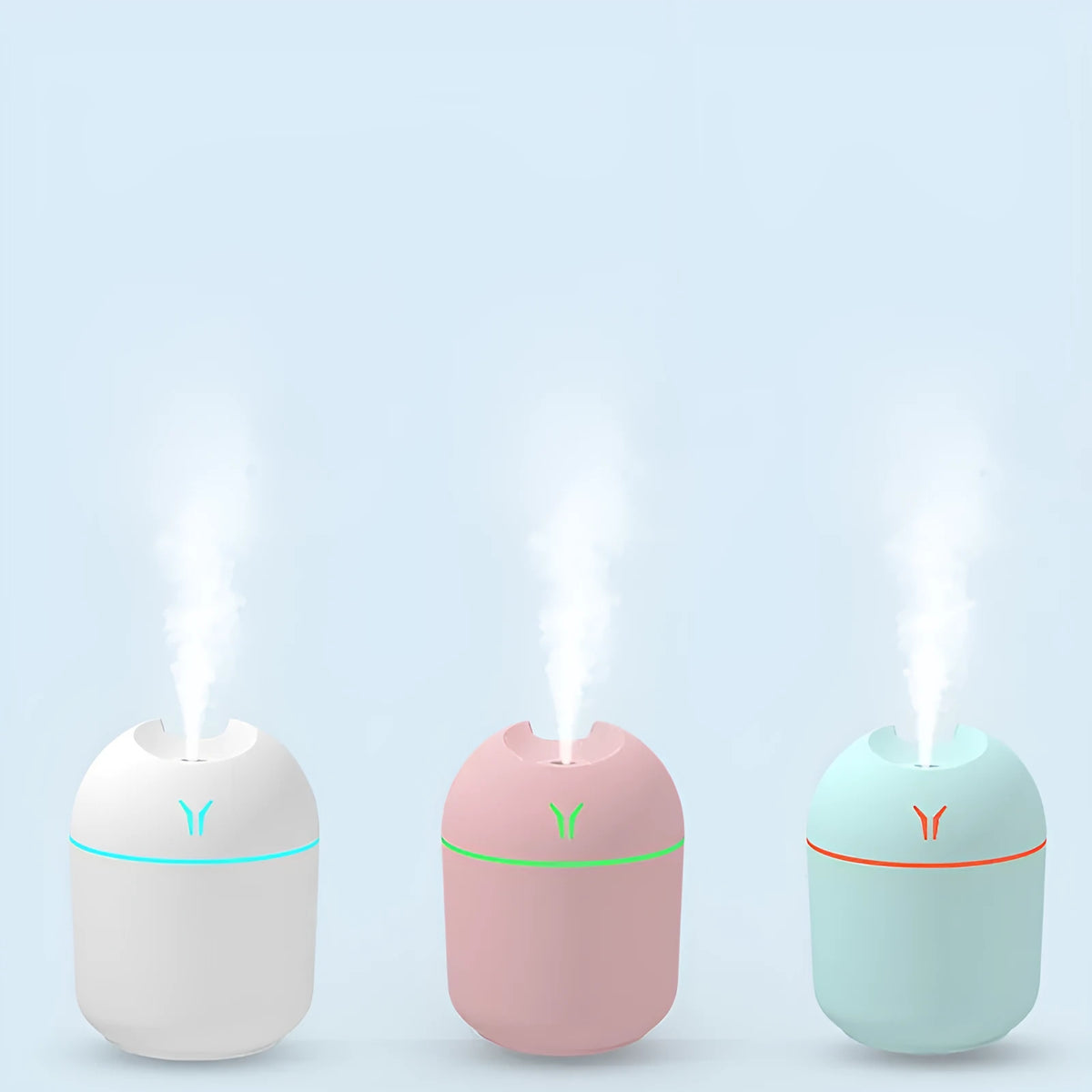 Round desktop humidifier diffuser in ivory white with USB cable connection and 250ml water tank capacity.