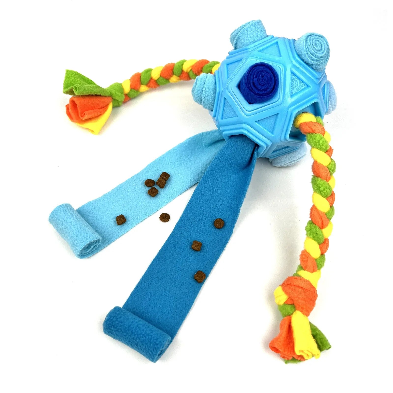 Bite-resistant rubber dog puzzle snuffle ball for treat dispensing and IQ training in multiple colours