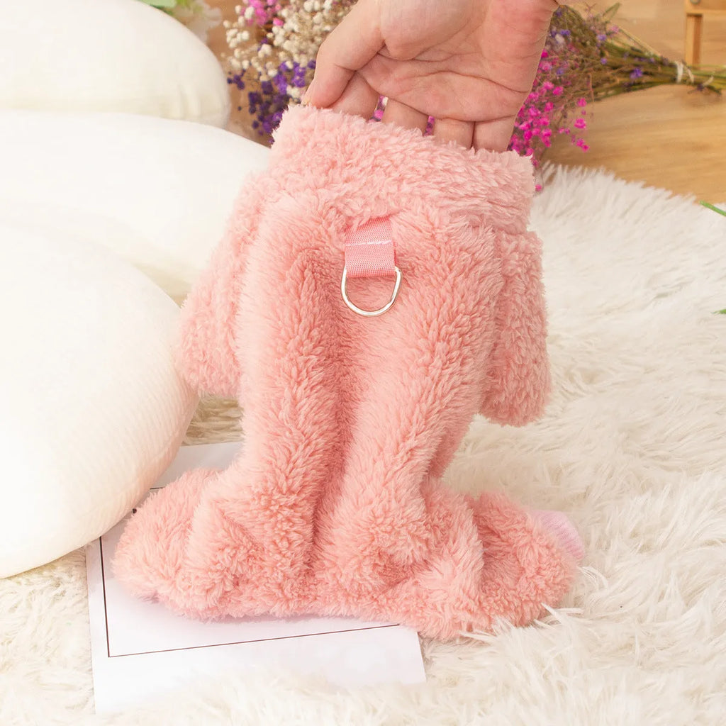 Blue double-sided plush dog clothes with high collar and towing ring for autumn winter wear