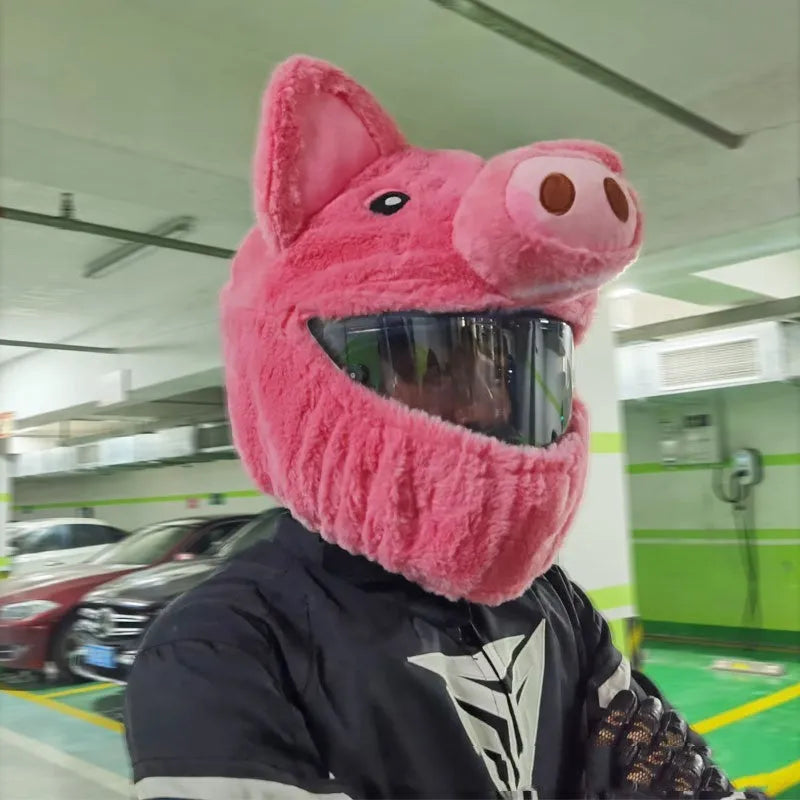 Plush motorcycle helmet protective hood in pink pig cartoon design