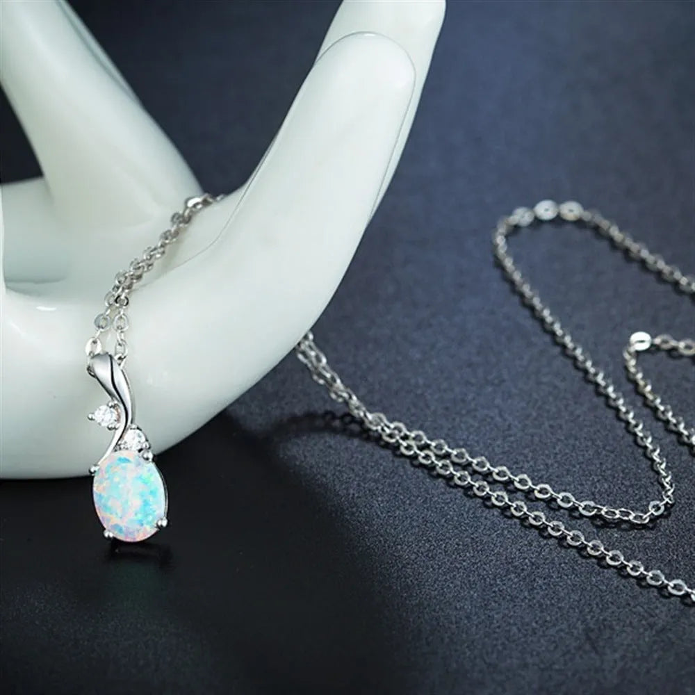 Water drop shaped opal pendant necklace with adjustable alloy chain in white or rose gold finish