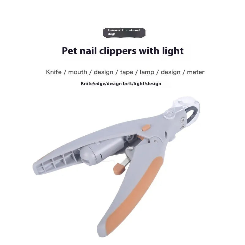 LED dog nail clipper with illuminated tip and visual blood line guide on a white background.