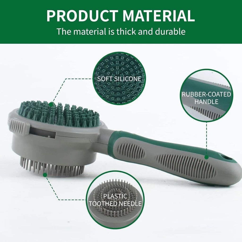 Green and pink two-sided pet grooming brush with a slicker head and a silicone massager head on a textured handle.