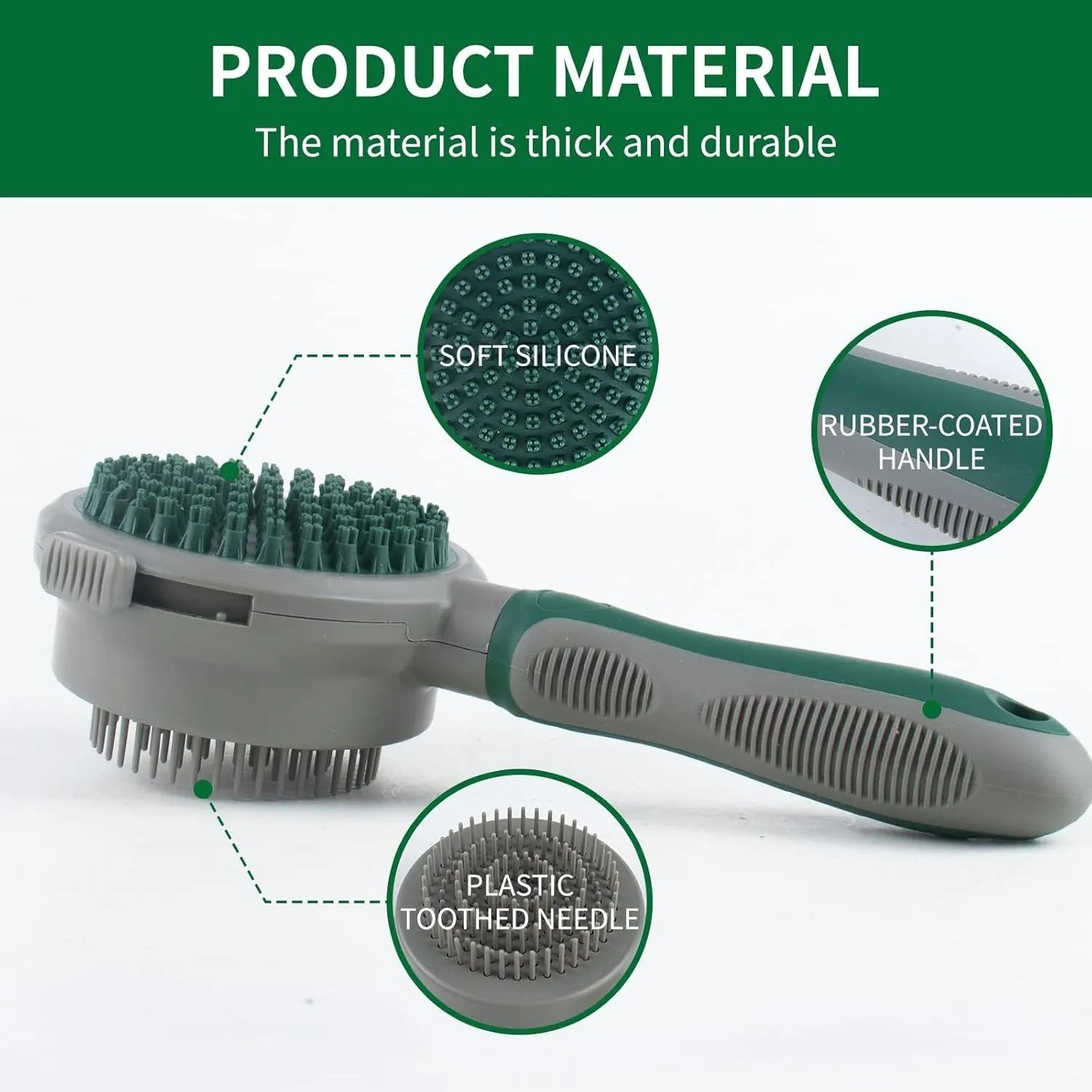 Green and pink two-sided pet grooming brush with a slicker head and a silicone massager head on a textured handle.