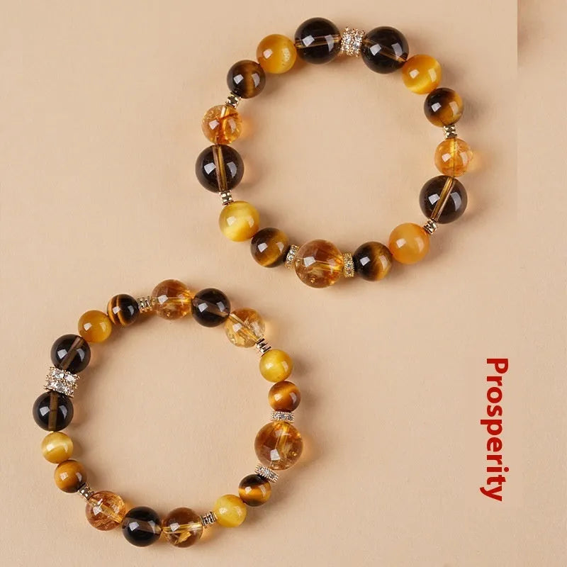 Yellow crystal tiger-eye bracelet with geometric tower beads in 10mm and 12mm size options