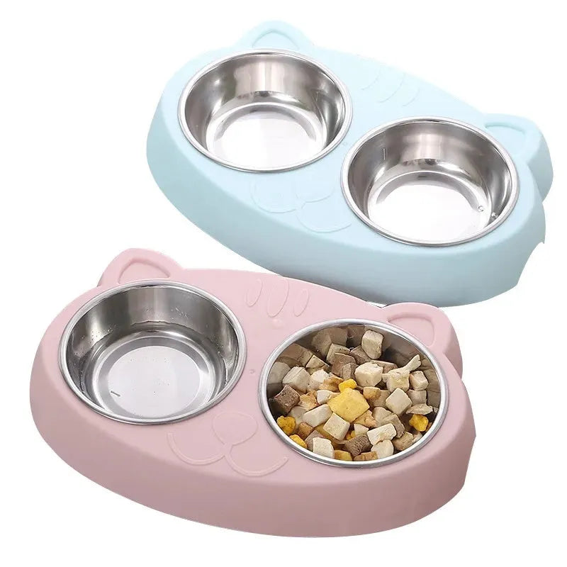 Macaron-shaped plastic double bowl pet feeder in blue colour with separate food and water compartments