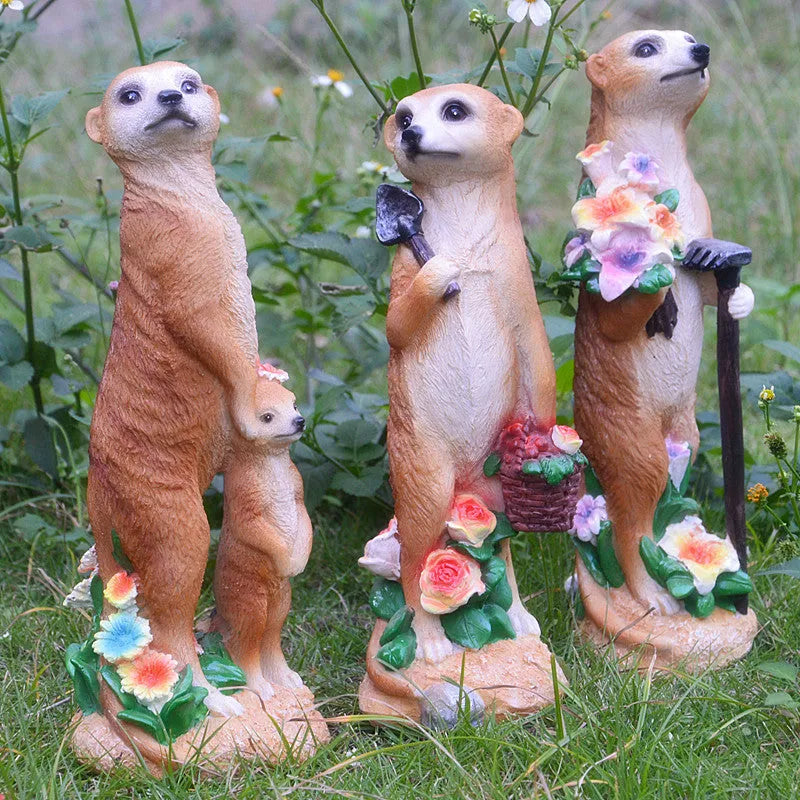 Yellow brown straw hat mongoose resin ornament with rake or shovel for garden decoration