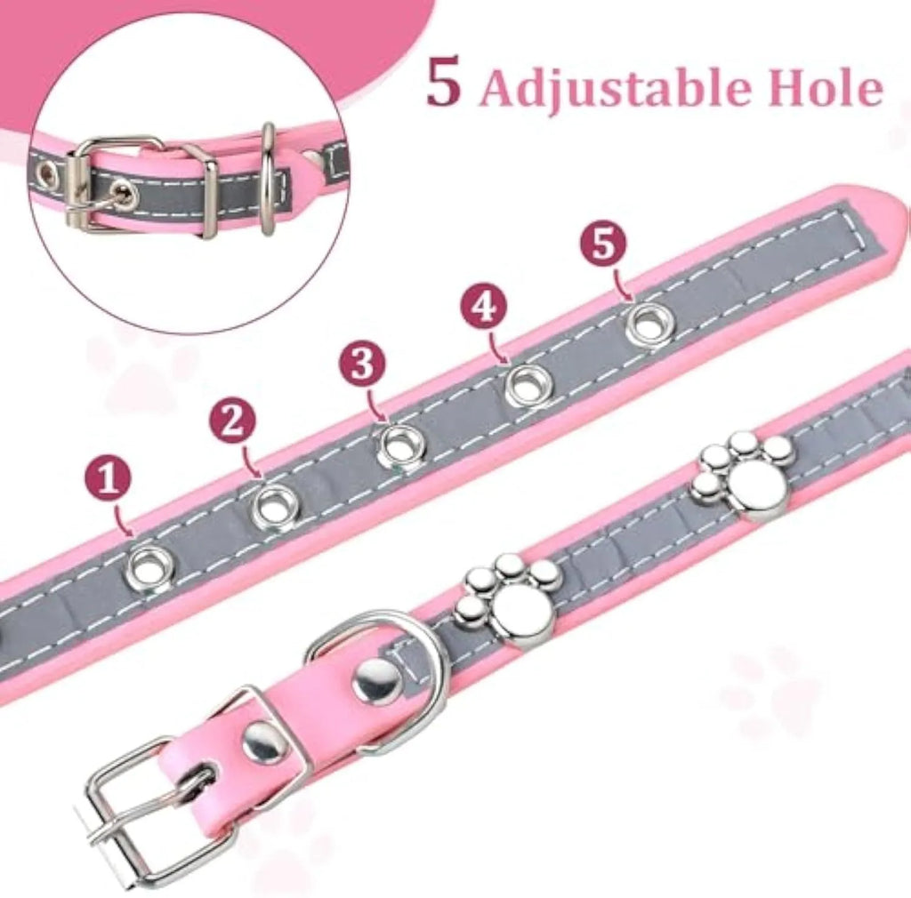 Reflective adjustable PU leather dog collar with a metal buckle and decorative paw rivet.