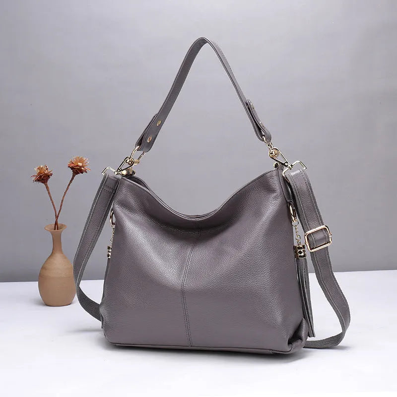Genuine first layer cowhide vertical square crossbody bag with zipper pockets in black or taro colour