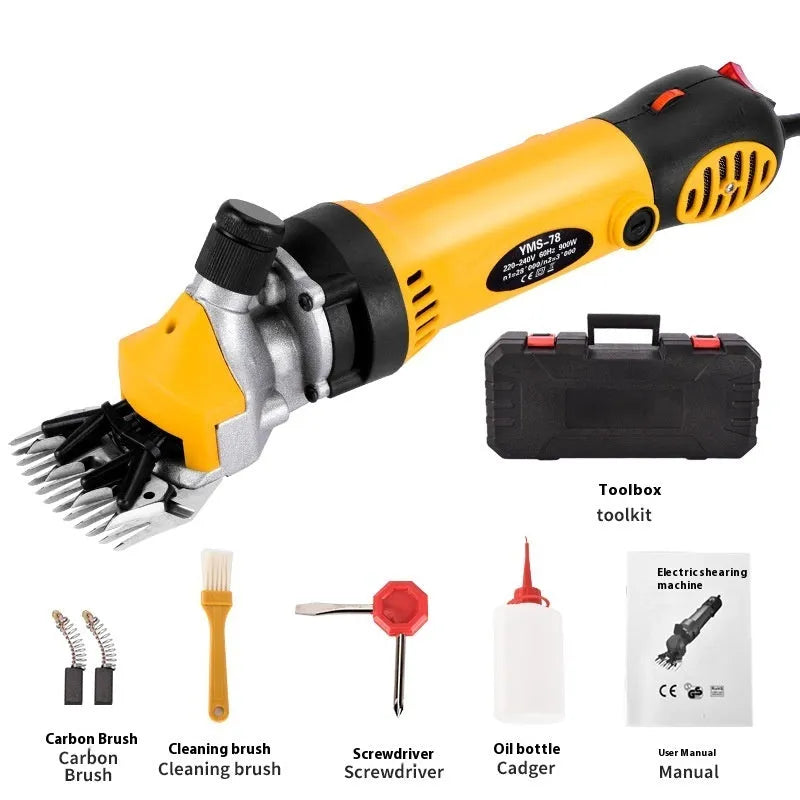 Yellow electric wool shearing tool with 110V plug, multiple blade sets, and maintenance accessories in plastic storage box