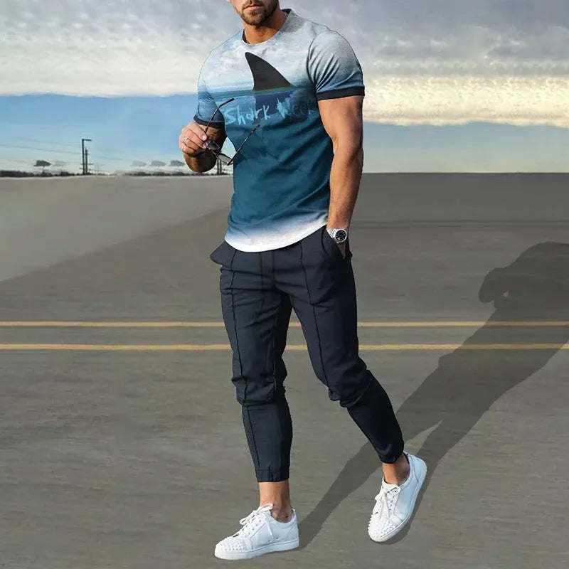 Men's lightweight printed short-sleeve top and trousers two-piece sports suit set