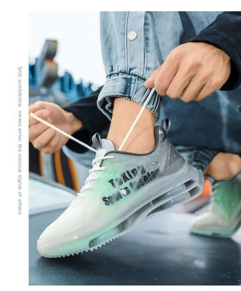 Men's black and green mesh platform sneakers with a rubber sole and lace-up front.