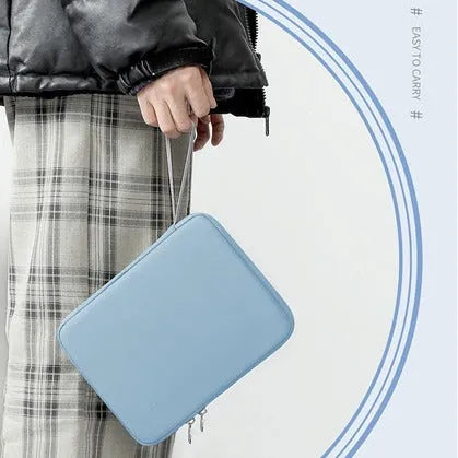 Black leather-look tablet protective case with a top carry handle, shown closed.
