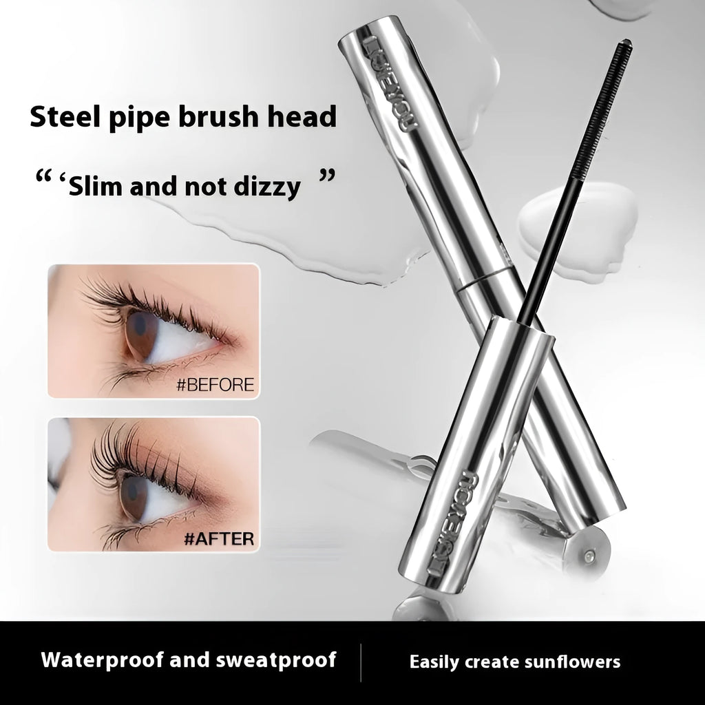 Black and brown waterproof mascara in a steel tube, shown with an optional eyelash curler.