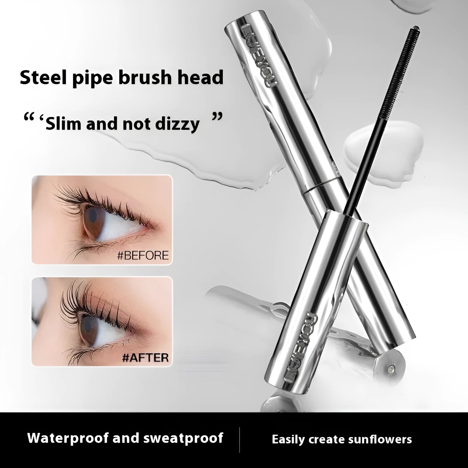 Black and brown waterproof mascara in a steel tube, shown with an optional eyelash curler.