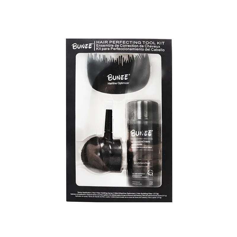 Boxed three-piece hair fibre powder set for thinning hair in multiple natural shades