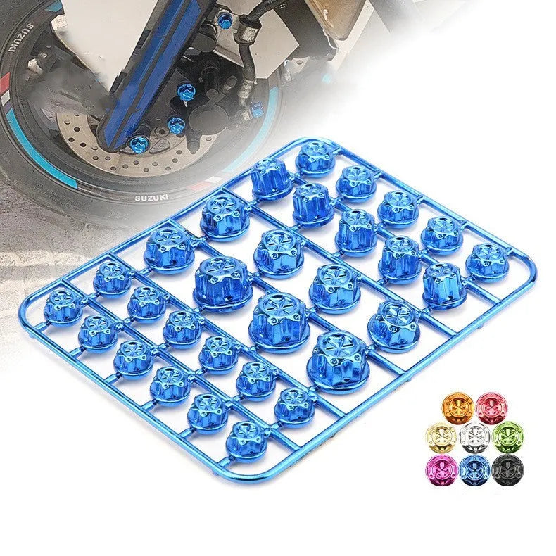 Motorcycle engine screw cover set with 30 ABS plastic caps in eight colours including black, red, gold, blue, silver, green, orange, and purple