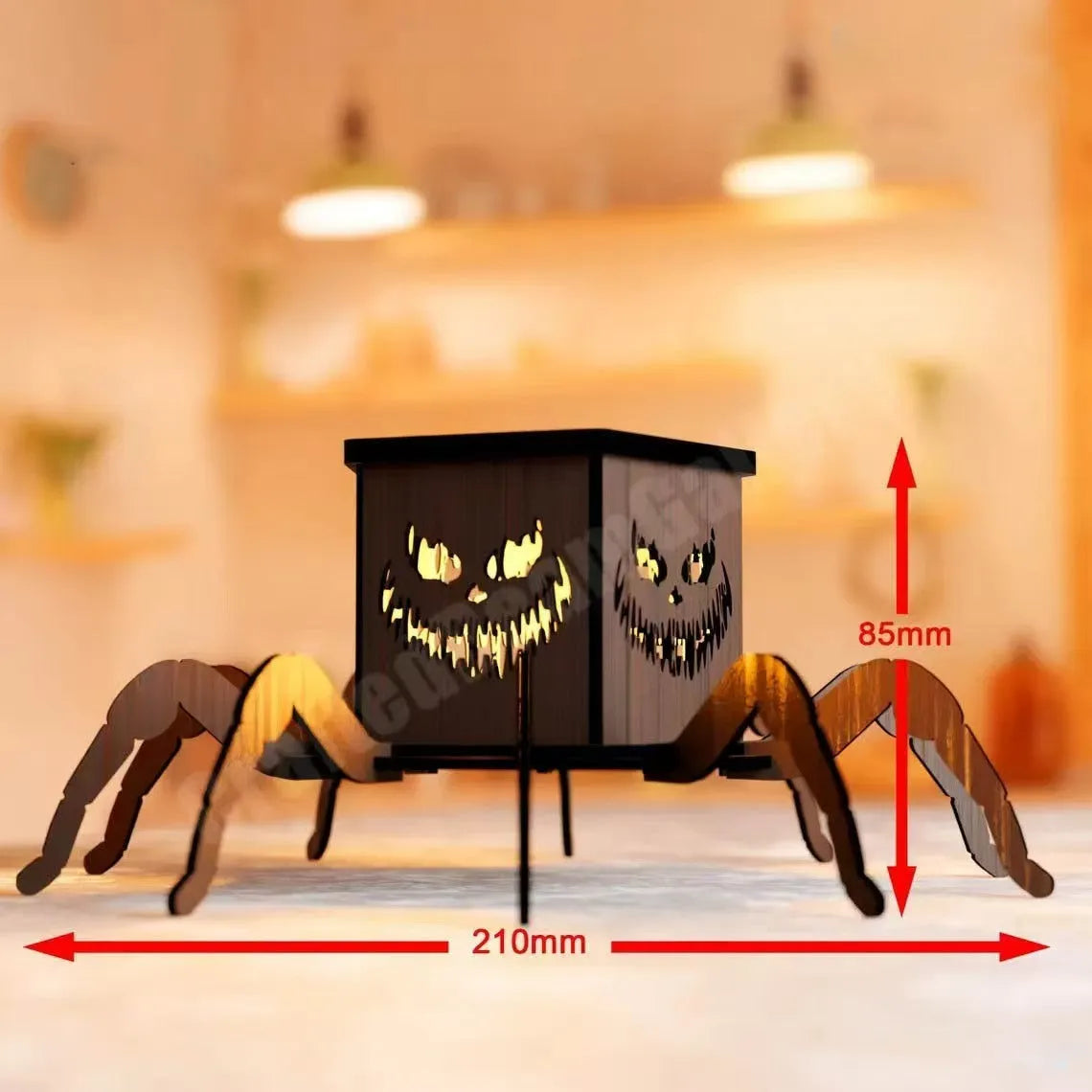Wooden spider mini lantern candlestick Halloween decoration measuring 21 by 8.5 cm