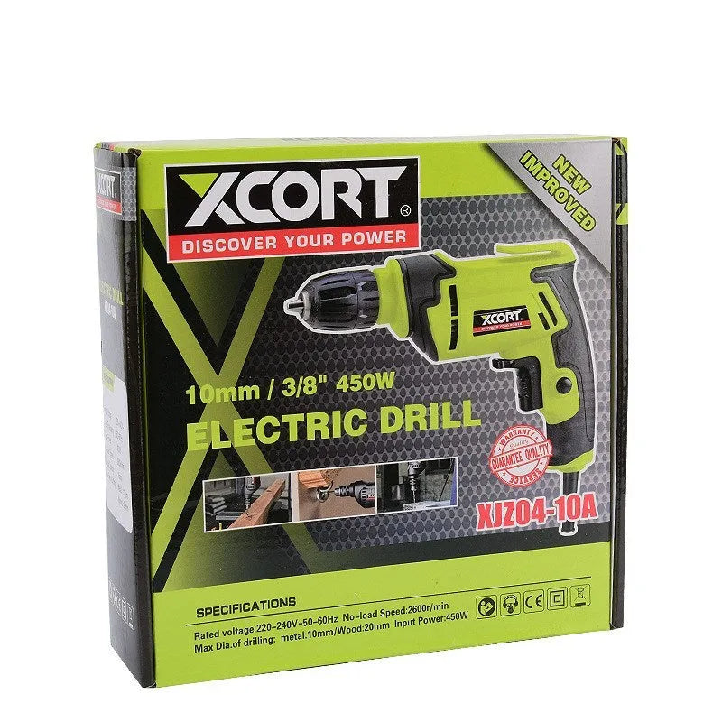 Pistol-grip electric drill with 10mm chuck and adjustable speed control