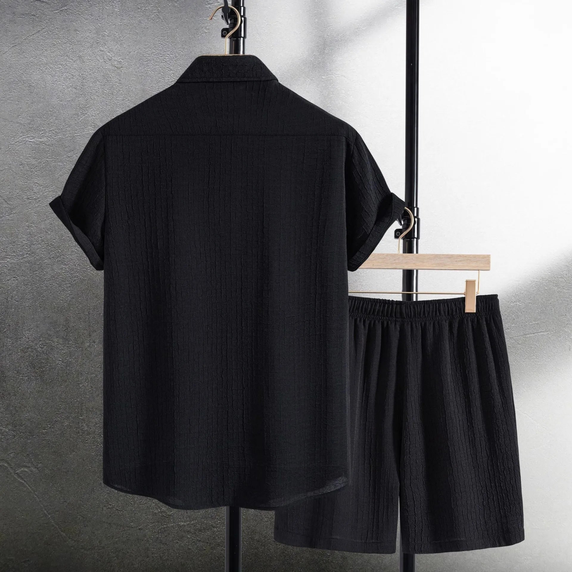 Men's white cotton blend jacquard short sleeve shirt and matching shorts casual suit