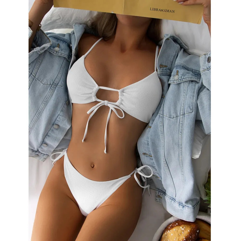 Women's solid colour drawstring bikini in quick-dry nylon shown in army green