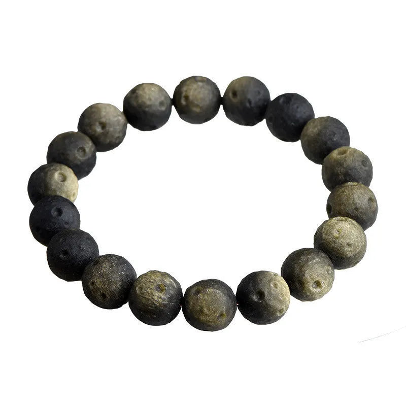 Obsidian crater ball bracelet with natural grinding texture in silver stone meteorite colour