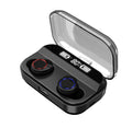 Black X11 wireless Bluetooth earbuds and charging case with silicone ear tips on a white background.