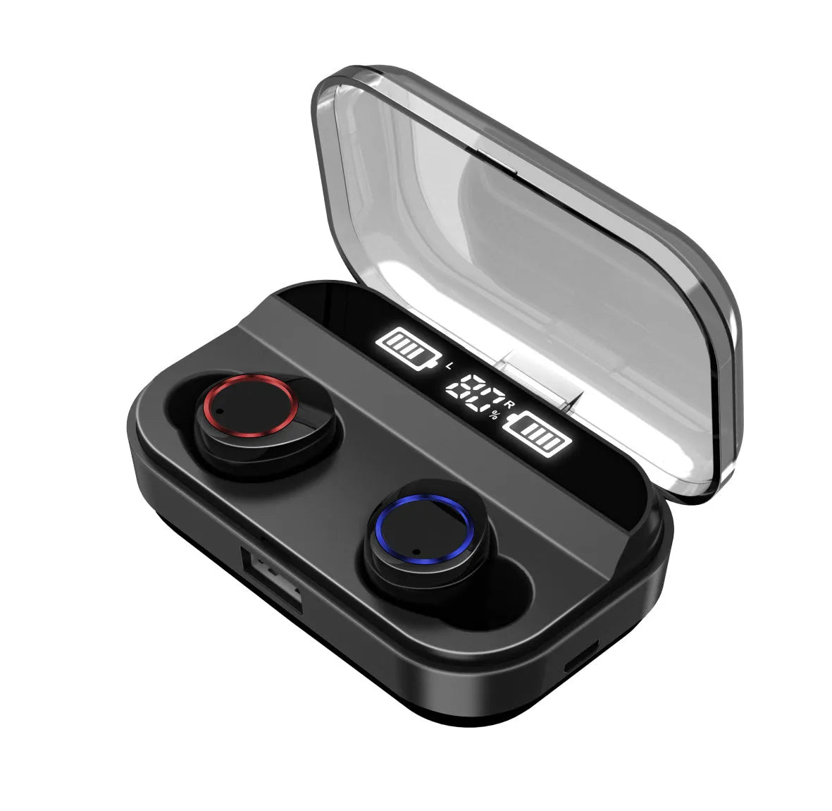 Black X11 wireless Bluetooth earbuds and charging case with silicone ear tips on a white background.