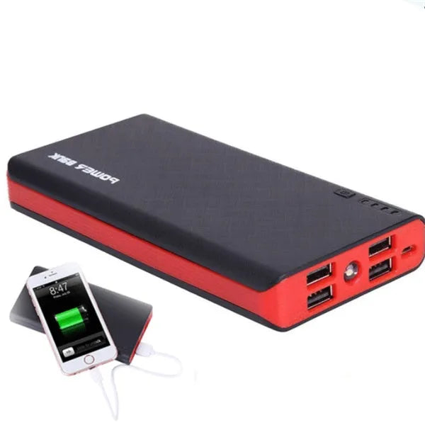 A red 20000mAh portable power bank with dimensions 145mm by 68mm by 22mm.